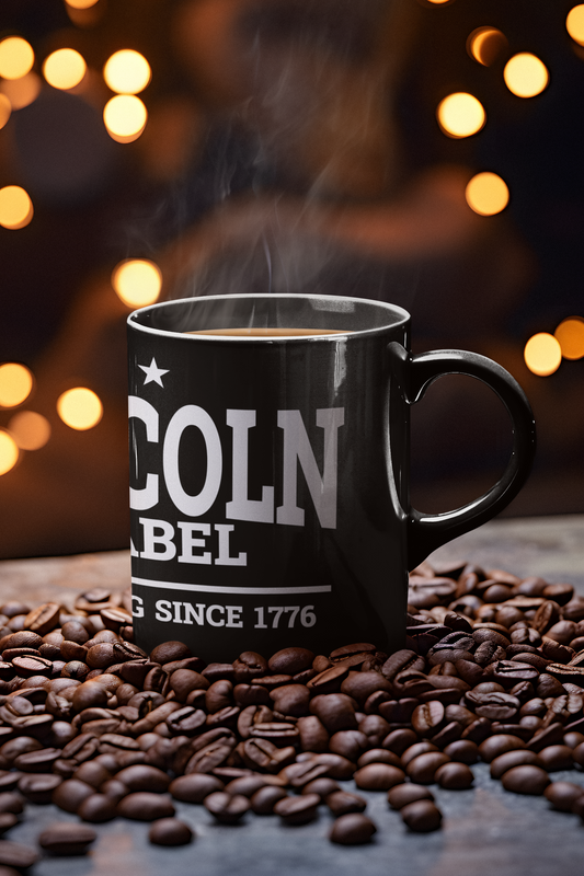 Lincoln Label Black Mug | Unique Coffee Cup | Gift for Enthusiasts, Home Use, Office Decor, Independence Day, or Vintage Lovers