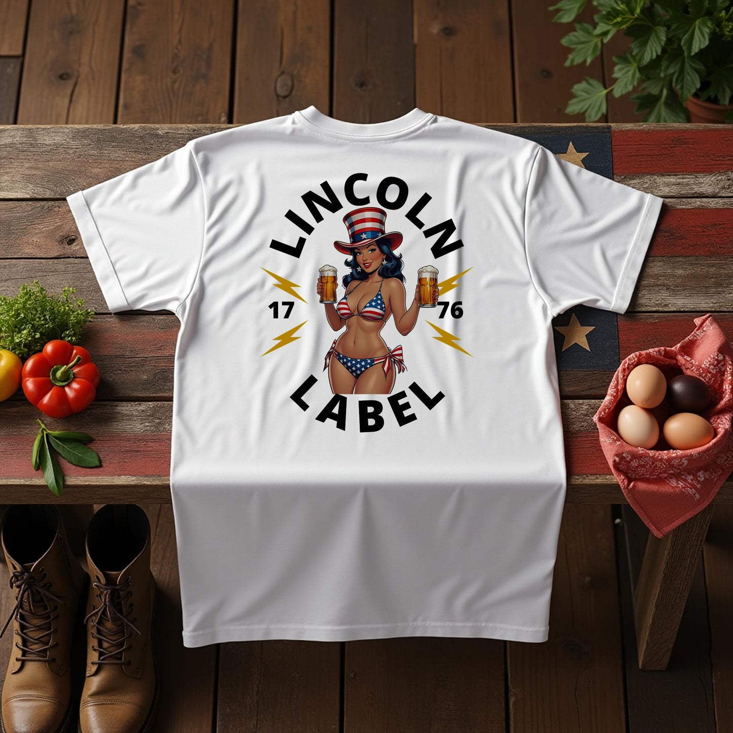 Lincoln Label Vintage Beer Girl T-Shirt - American Pride Casual Tee - Fun Nostalgic Fashion
